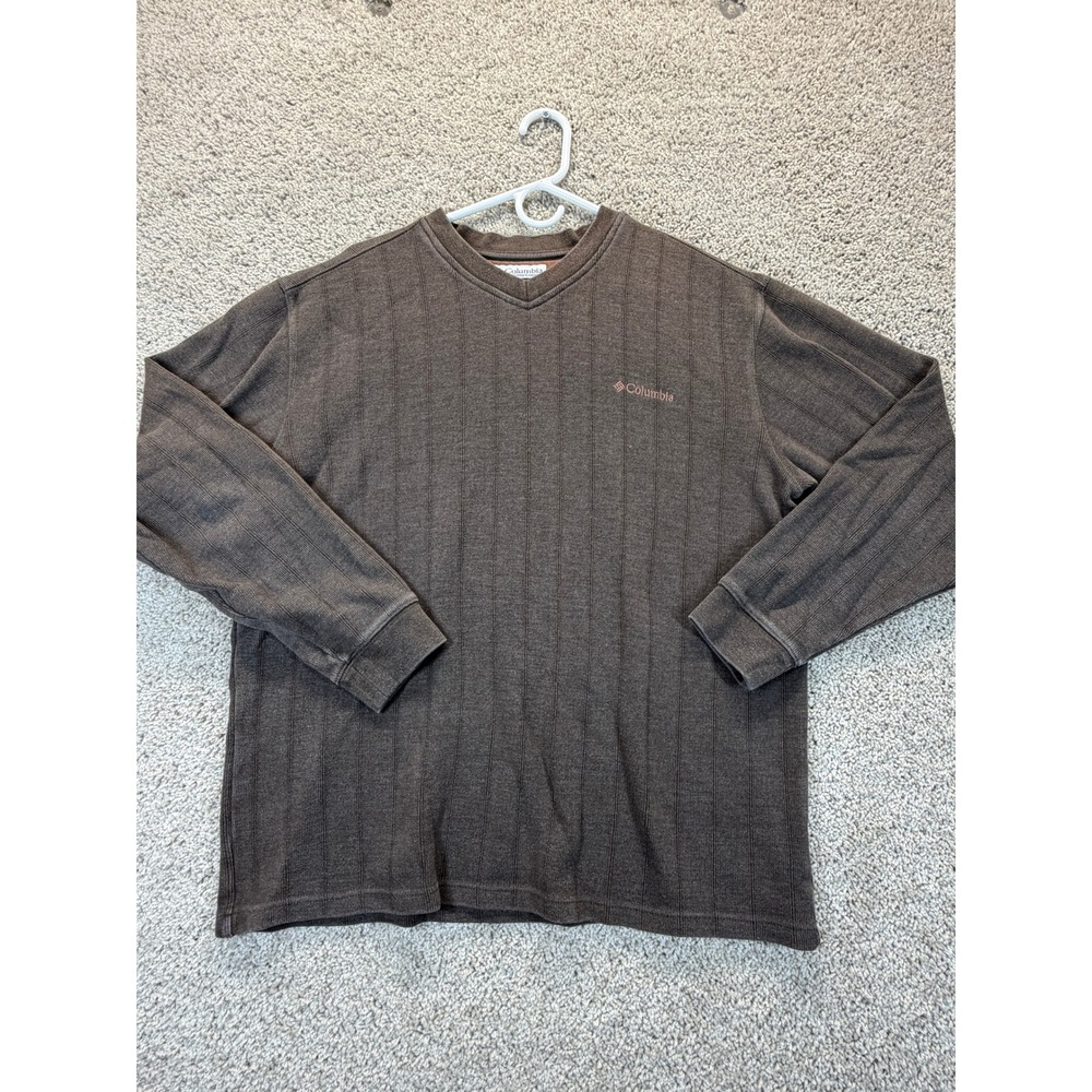 Columbia Mens Brown Ribbed‎ V-Neck Long Sleeve Shirt Large AM 6995 Cotton Blend